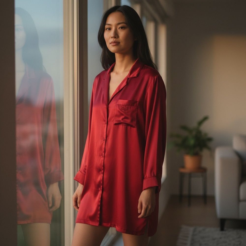 Anne Klein 2 Red Satin Long Button-down Night Pajama Shirt L